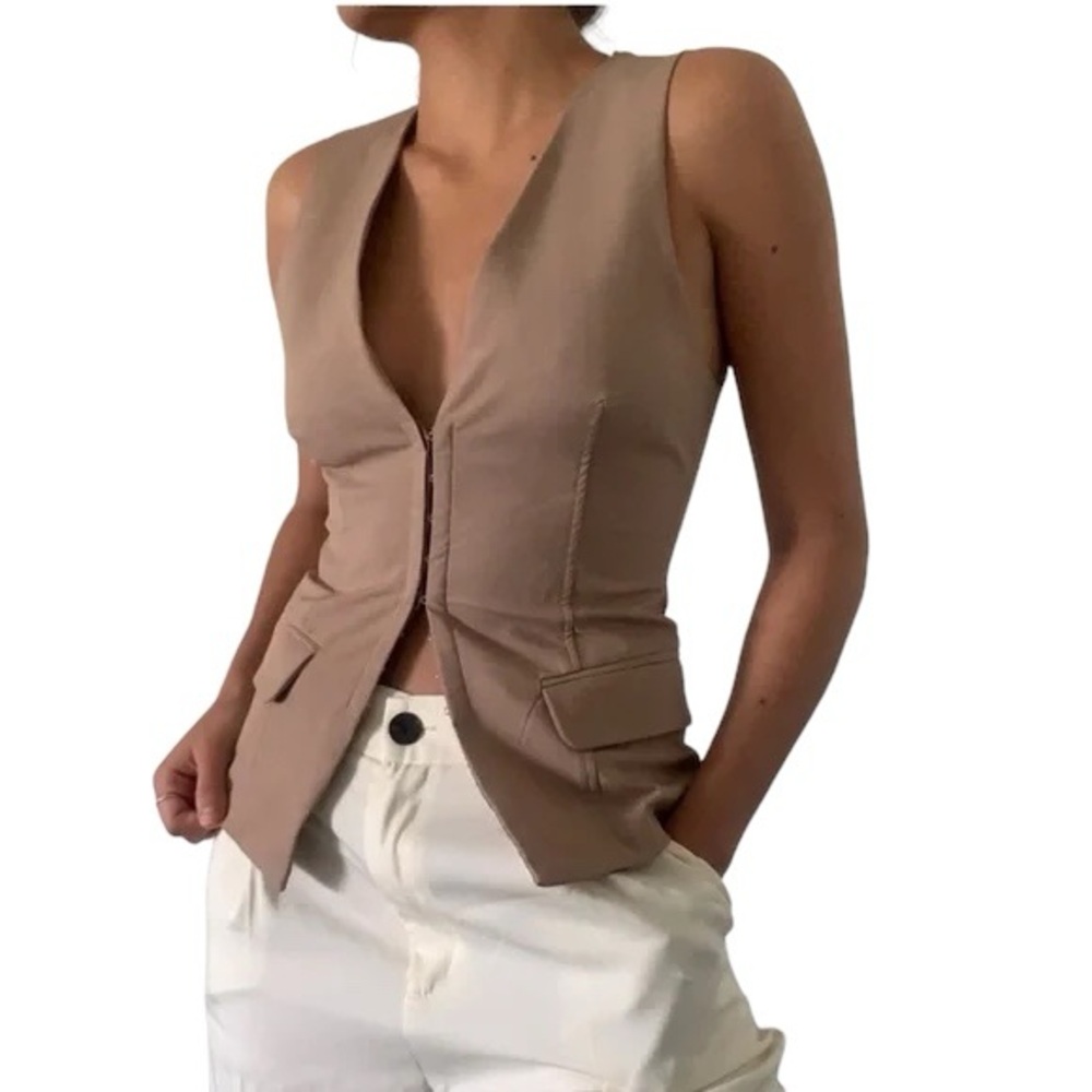 Zara Taupe Sleeveless Tailored Vest
